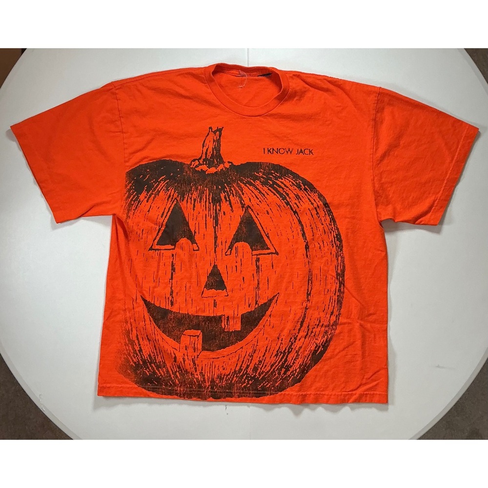 VTG Y2K AOP Jack O'Lantern Pumpkin T Shirt Men L Orange Halloween Spooky